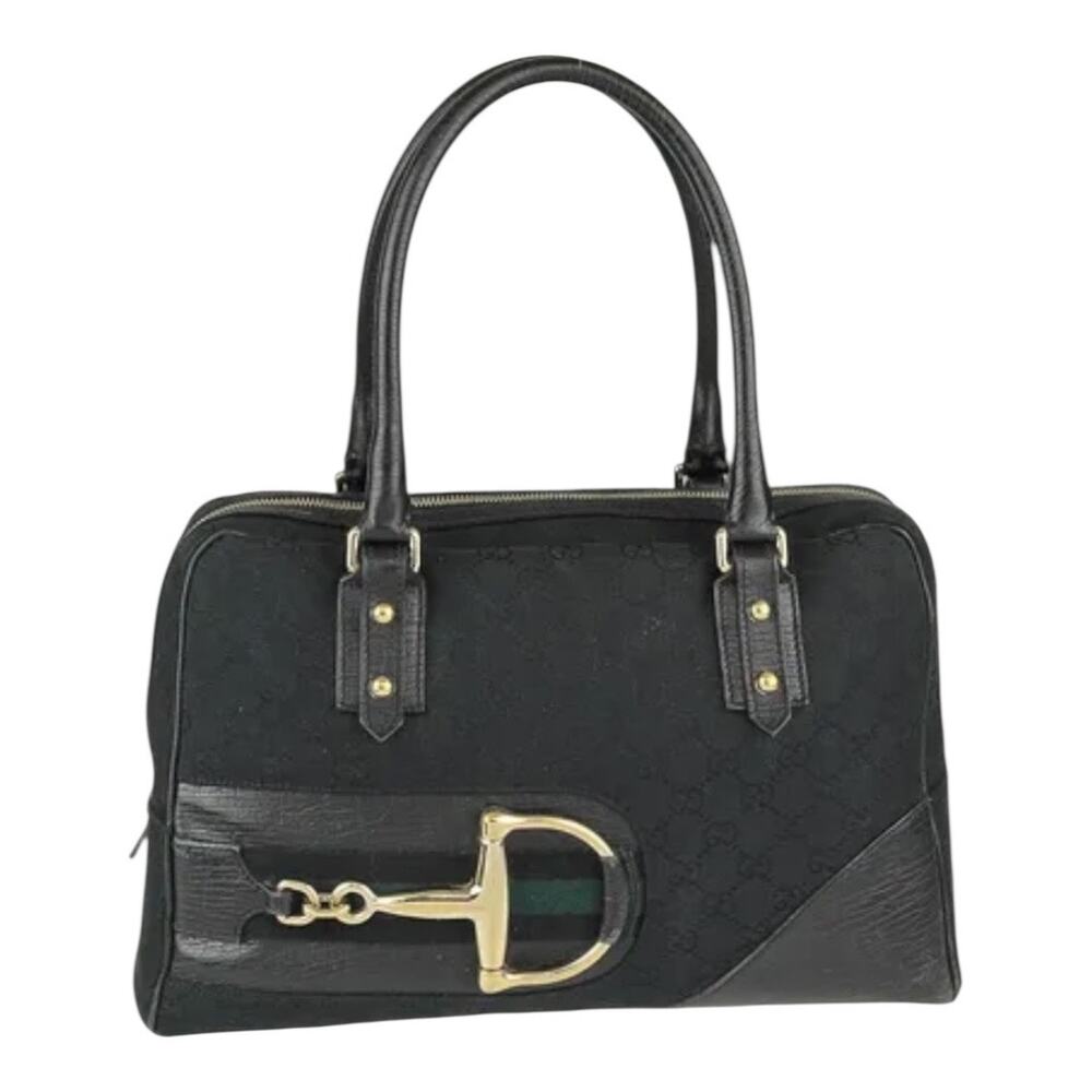 Gucci Black‎ GG Canvas Horsebit Boston Satchel Gold Hardware Classic Bag Purse